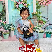Sophia Hope Louise joined the competition — help win amazing prizes! toddler, child, birthday_cake, dress, handbag, flowers, flower_pots, bicycle, birthday, cake_toppers, smiling, indoor, portrait, decorations, headband, stool, happy, celebration, pastel_colors, floral