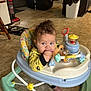 Malakai is registered to the contest to win money with this photo: baby, walker, toy, curly_hair, indoor, floor, vacuum_cleaner, pet_bowls, yellow_clothing, blue_eyes, child, furniture, plastic, mirror_toy, foot, home, colorful, play, infant, chewing