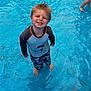 child, smiling, water, pool, swimwear, barefoot, happy, boy, outdoor, playful, summer, wet_hair, blue, swimming, toddler, clothing, fun, joy, splash, casual