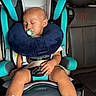baby, infant, sleeping, car_seat, pacifier, neck_pillow, child, vehicle, car_interior, buckled, safety_harness, turquoise, navy_blue, portrait, resting, closed_eyes, bare_legs, shoes, seated, family_transportation