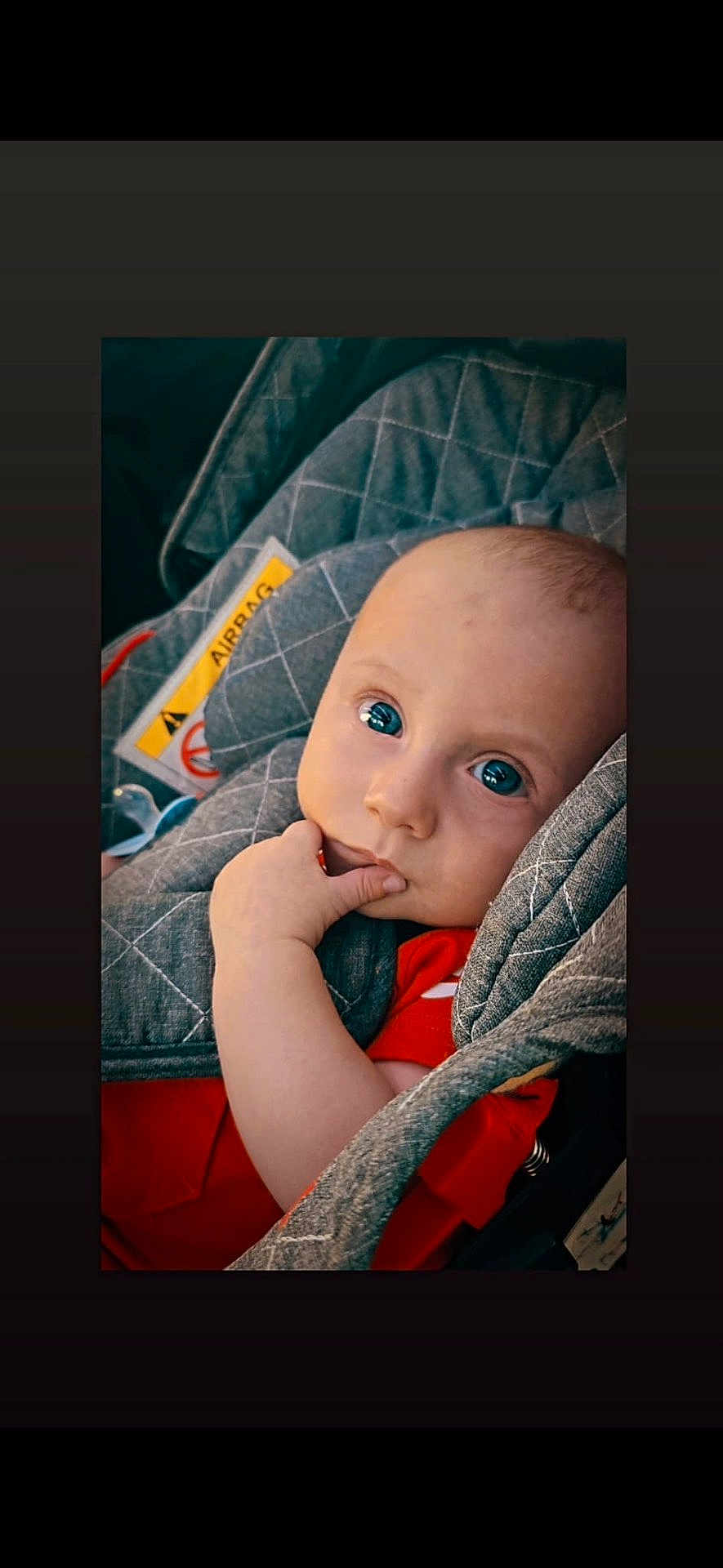 Bryan Todisco participe au concours pour gagner de l'argent avec cette photo : baby, infant, child, car_seat, quilted, gray, red_clothing, fingers, blue_eyes, face, portrait, sitting, indoors, cute, young_child, closeup, comfort, seatbelt, head_support, expression