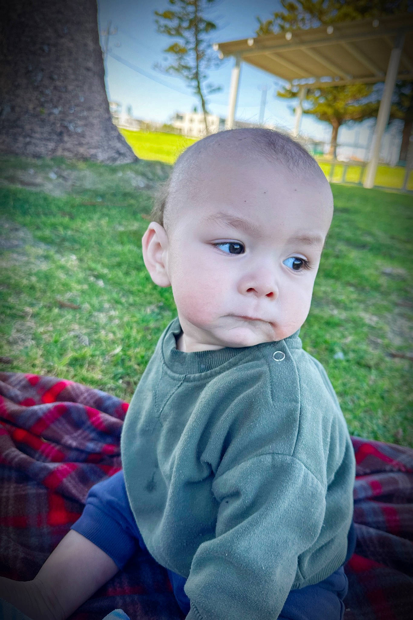 Deàgan joined the competition — help win amazing prizes! baby, baby_toddler_clothing, cheek, child, electric_blue, flash_photography, fun, grass, happy, iris, leisure, lip, nose, pattern, person, plaid, plant, skin, tartan, toddler