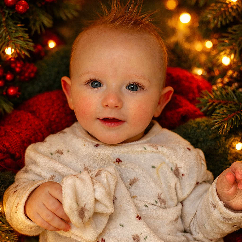 Adrian participe au concours pour gagner de l'argent avec cette photo : baby, blue_eyes, bokeh, child, christmas, close_up, cozy_blanket, festive, hands, holiday, indoor, infant, onesie, pine_branch, portrait, red_berries, rosy_cheeks, smile, soft_lighting, twinkle_lights