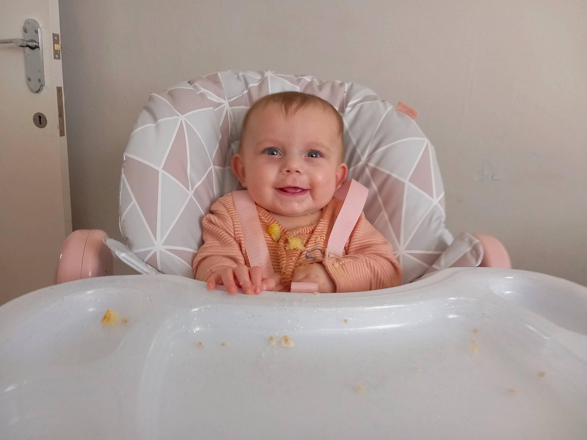 Sofia joined the competition — help win amazing prizes! baby, baby_laughing, baby_toddler_clothing, bathing, beauty, cheek, child, comfort, door, fun, happy, joy, laugh, linens, person, room, sitting, sleeve, smile, t_shirt