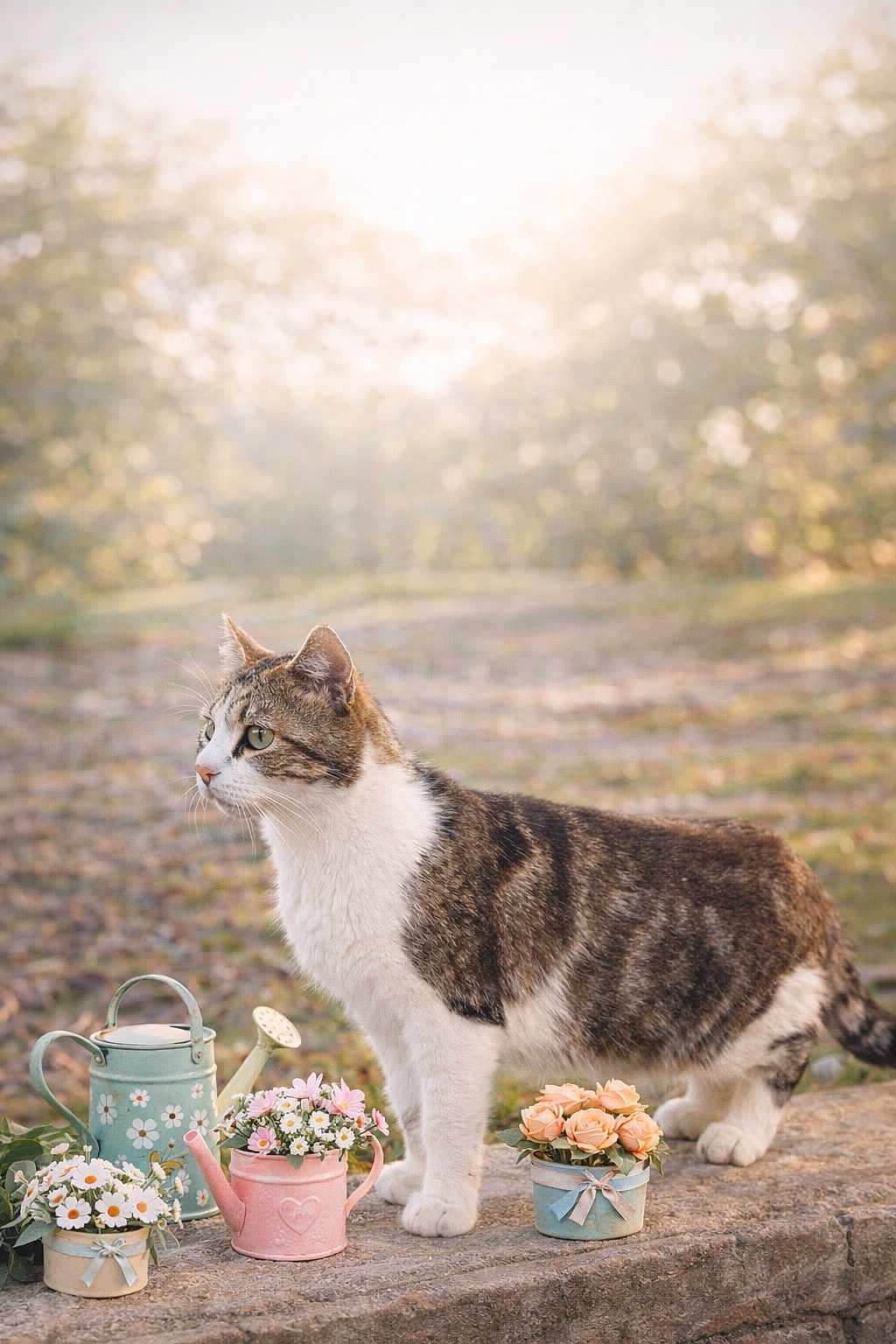 Timon a rejoint le concours — aidez-le/la à gagner de superbes lots ! cat, tabby, feline, pet, outdoor, garden, watering_can, planter, daisies, roses, stone_wall, sunlight, bokeh, portrait, fur, green_eyes, whiskers, paws, spring, decor