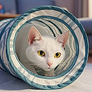 Fraya joined the competition — help win amazing prizes! cat, white_cat, yellow_eyes, pet, animal, tunnel, playful, curious, indoor, soft_light, close_up, whiskers, ears, fur, cute, domestic_cat, feline, patterned_tunnel, resting, focus