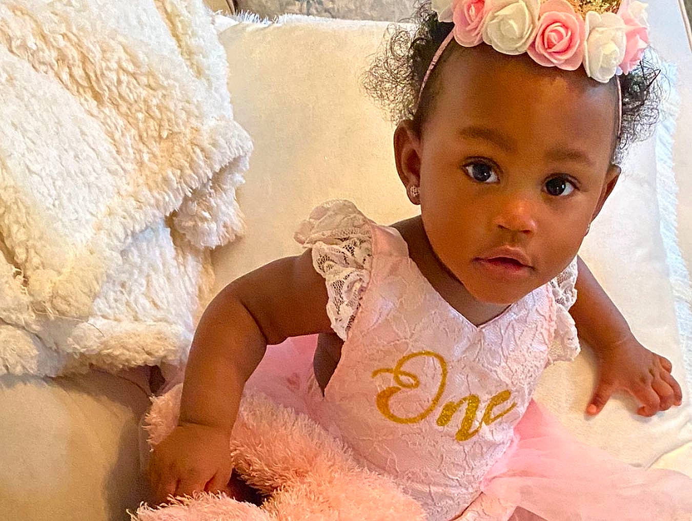 Adeline joined the competition — help win amazing prizes! baby, baby_toddler_clothing, cheek, chin, dress, eye, eyelash, flower, fun, happy, hat, head, headgear, headpiece, iris, lip, neck, person, pink, skin