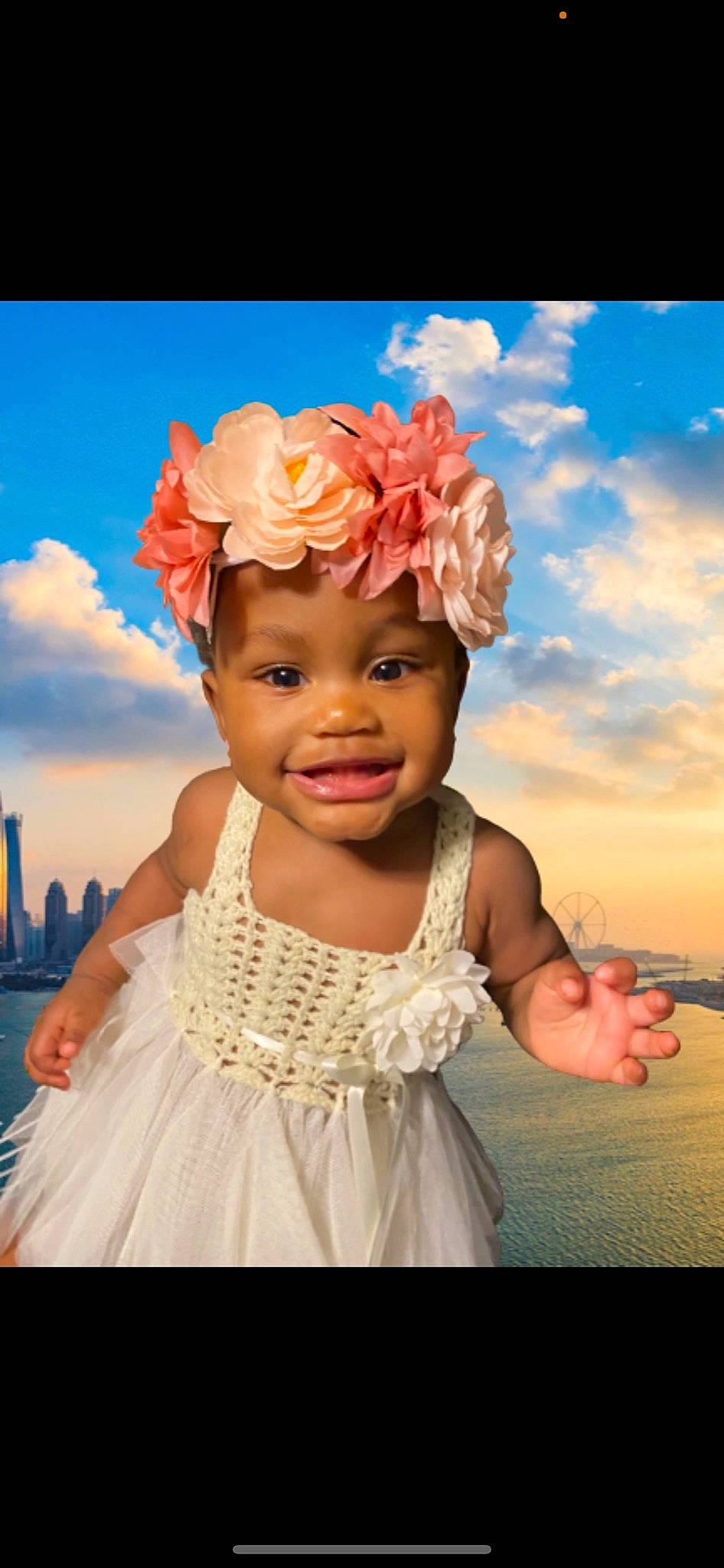 Adeline joined the competition — help win amazing prizes! baby, baby_toddler_clothing, cloud, finger, flash_photography, flower, fun, gesture, happy, headband, headgear, headpiece, headwear, joy, magenta, people_in_nature, person, petal, pink, skin