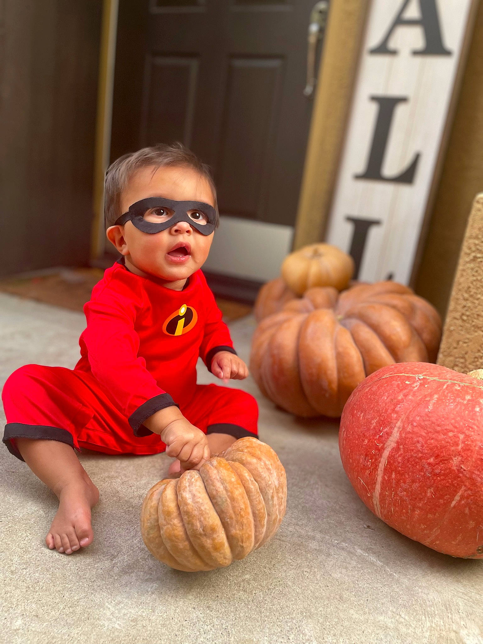 Beckham joined the competition — help win amazing prizes! baby_toddler_clothing, ball, basketball, calabaza, child, door, floor, flooring, foot, gourd, hardwood, human_leg, orange, person, plant, pumpkin, sportswear, toddler, winter_squash, wood