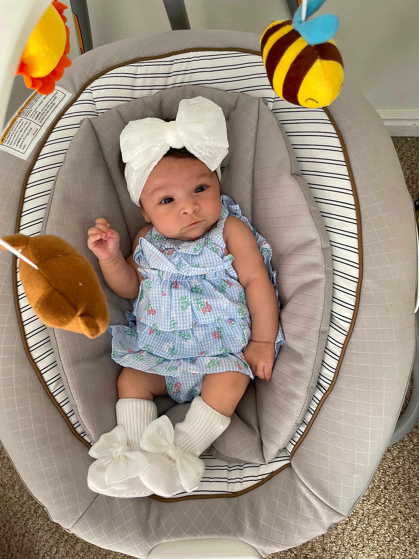 Emma Peña Bello joined the competition — help win amazing prizes! baby, infant, child, baby_seat, headband, bow, socks, plush_toy, bee_toy, bear_toy, clothing, carpet, indoor, cute, portrait, smiling, person, baby_girl, soft_toys, comfortable
