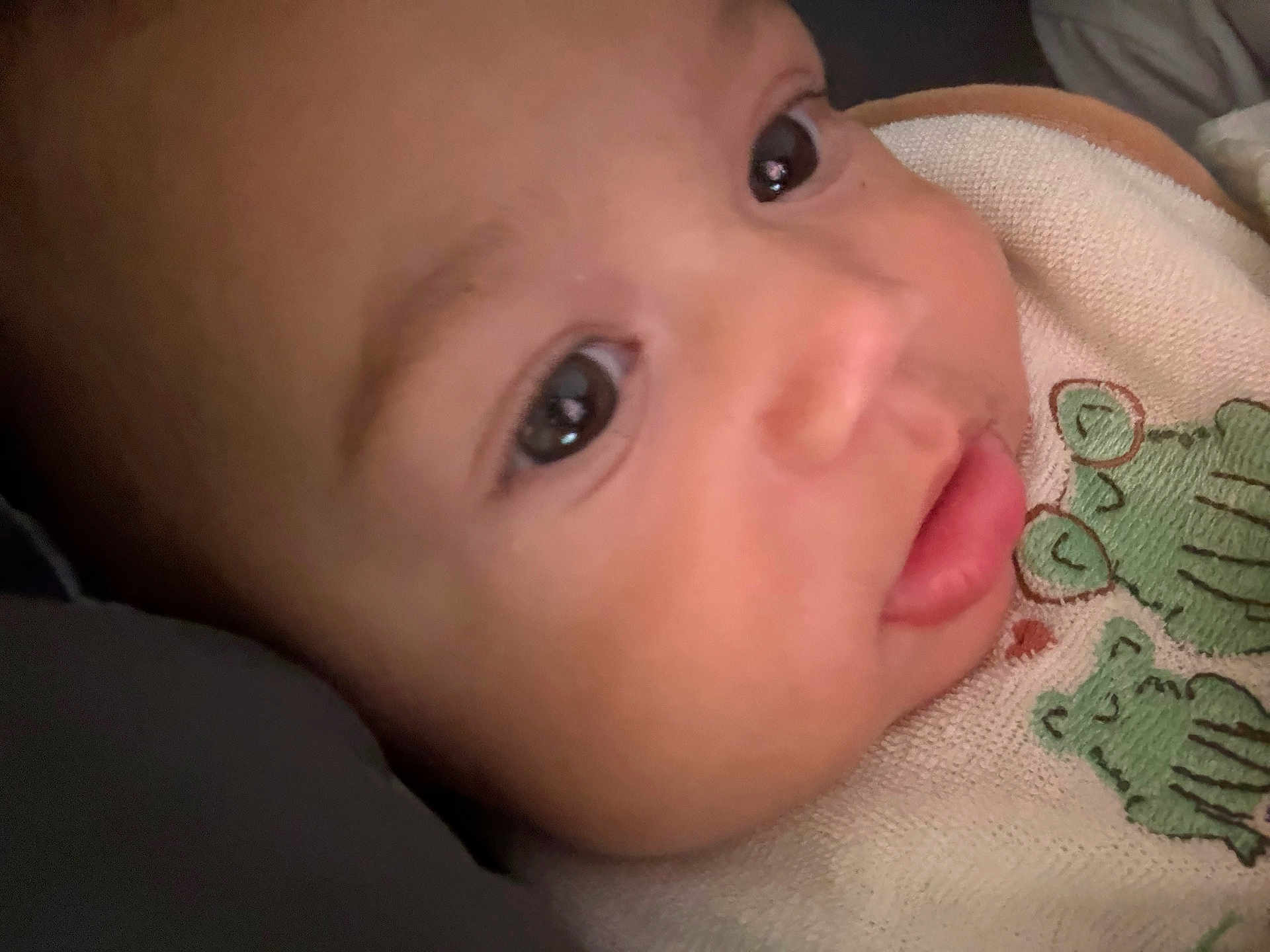 Isaiah is registered to the contest to win money with this photo: baby, closeup, face, eyes, lips, bib, frog, infant, child, cute, skin, portrait, young, resting, soft, clothing, adorable, expression, head, person