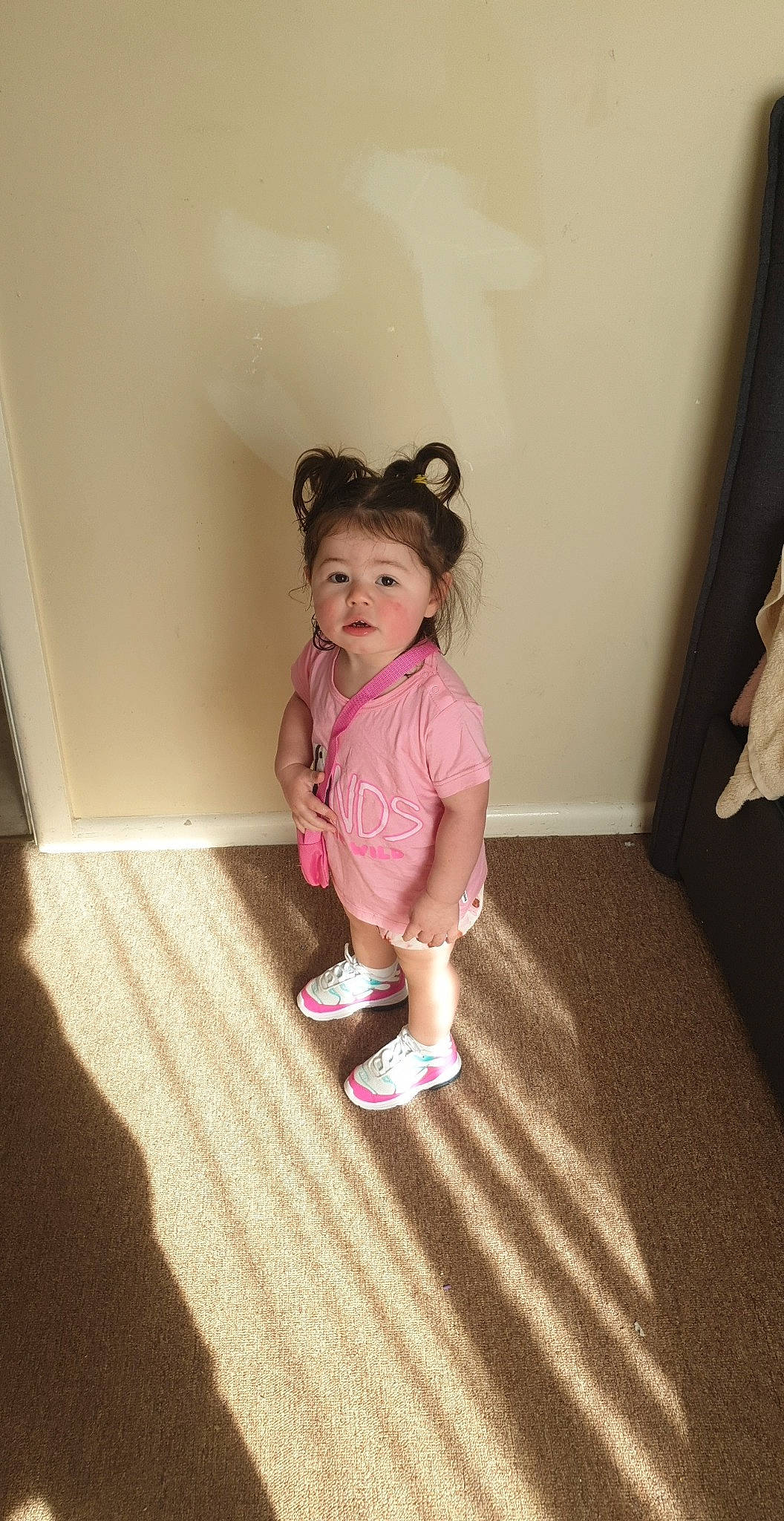 Amarni joined the competition — help win amazing prizes! beauty, cheek, child, dress, floor, flooring, footwear, joint, knee, leg, person, pink, play, room, shoe, shoulder, skin, snapshot, standing, toddler