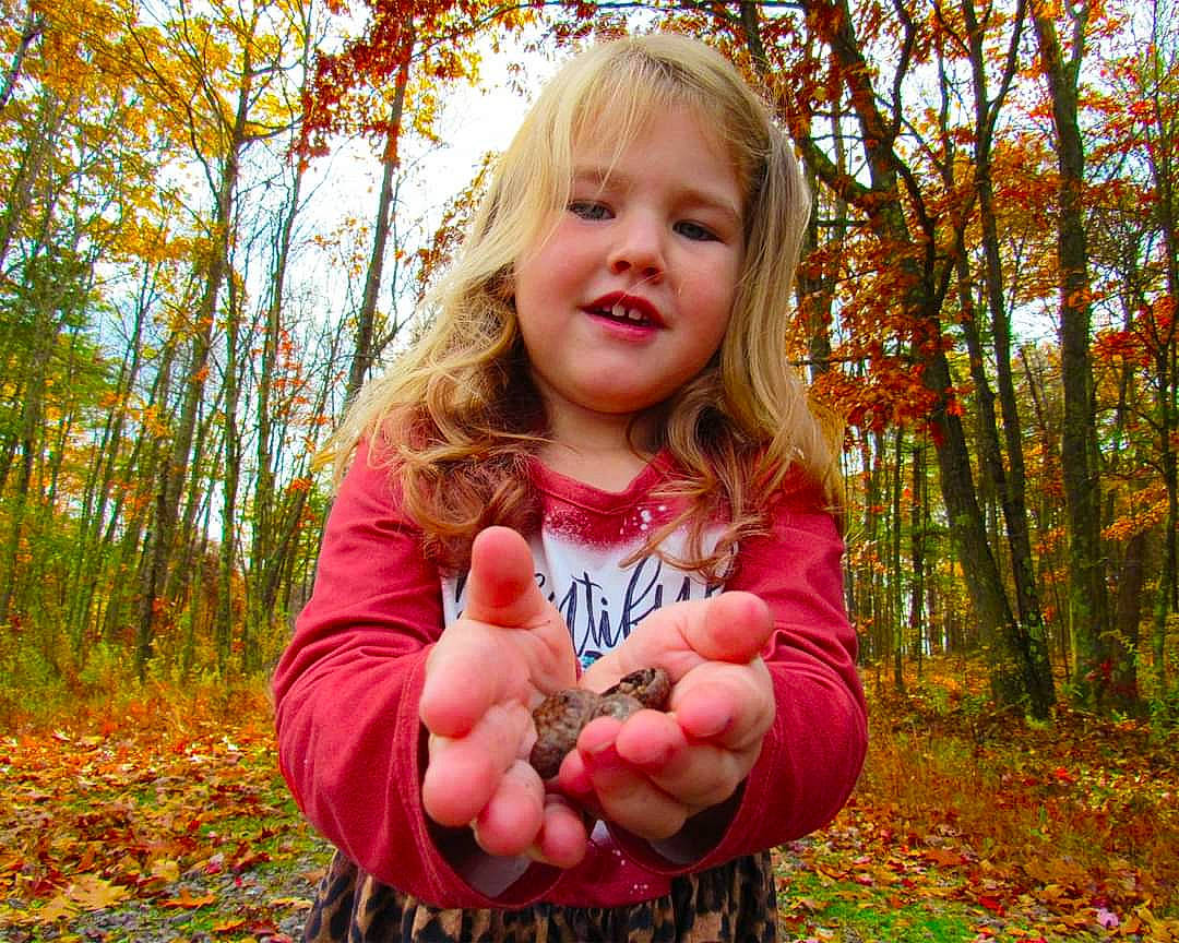 Abigail joined the competition — help win amazing prizes! blond, brown_hair, child, finger, fruit, gesture, grass, hair, happy, leaf, natural_landscape, people_in_nature, person, plant, sky, spring, thumb, toddler, tree, wood