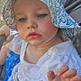 toddler, child, baby, hat, sunhat, white_clothing, blue_clothing, stroller, hand, face, outdoor, young_child, cute, eyelet_fabric, summer, closeup, expression, skin, portrait, sitting