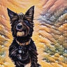 Milani is registered to the contest to win money with this photo: dog, black_dog, pet, animal, collar, indoor, floor, colorful, artistic, painting_style, ears, fur, sitting, cute, adorable, portrait, looking_up, whiskers, tag, domestic_animal