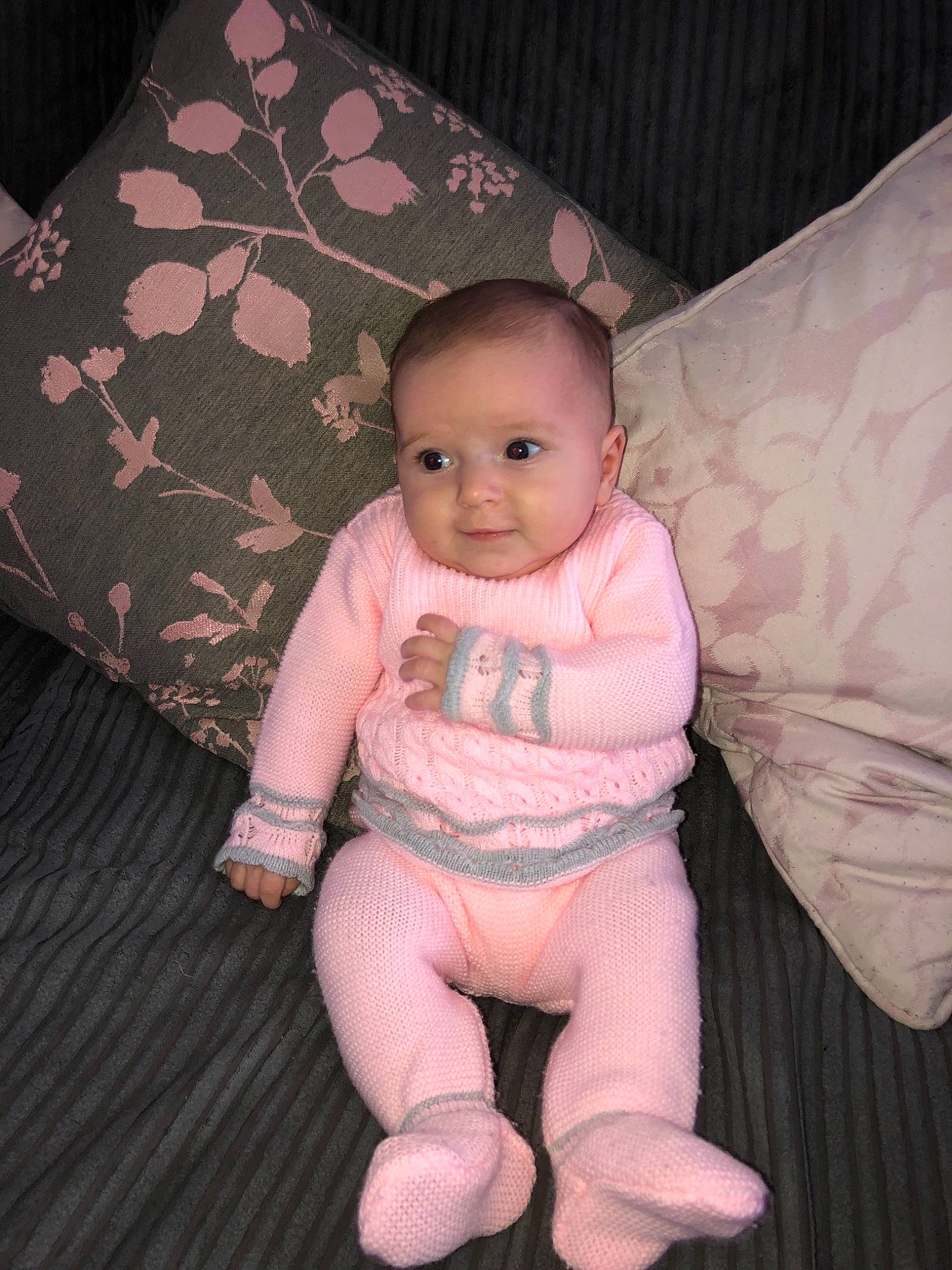 Hattie joined the competition — help win amazing prizes! cheek, child, eye, finger, fun, girl, hand, human, infant, iris, leg, mouth, nose, person, pink, product, sitting, skin, smile, textile