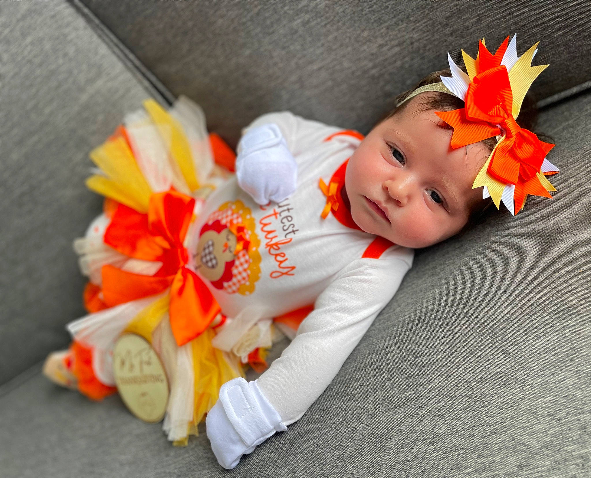 Laurel is registered to the contest to win money with this photo: baby, baby_toddler_clothing, calabaza, child, cut_flowers, eye, flooring, fun, happy, headwear, orange, person, petal, plant, sitting, smile, toddler, toy, tree