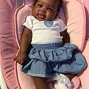 Kamoria joined the competition — help win amazing prizes! baby, infant, child, girl, smiling, blue_bow, white_top, blue_skirt, frilly_socks, pink_baby_seat, plush, comfortable, cute, happy, indoors, wooden_floor, portrait, sitting, small_hands, adorable