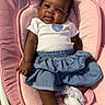 baby, infant, child, girl, smiling, blue_bow, white_top, blue_skirt, frilly_socks, pink_baby_seat, plush, comfortable, cute, happy, indoors, wooden_floor, portrait, sitting, small_hands, adorable