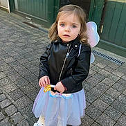 Victoire participe au concours pour gagner de l'argent avec cette photo : child, toddler, girl, leather_jacket, tutu, fairy_wings, lollipop, white_sneakers, cobblestone, pavement, door, outdoor, portrait, standing, surprised_expression, blue_eyes, curly_hair, handheld_toy, street, casual_costume