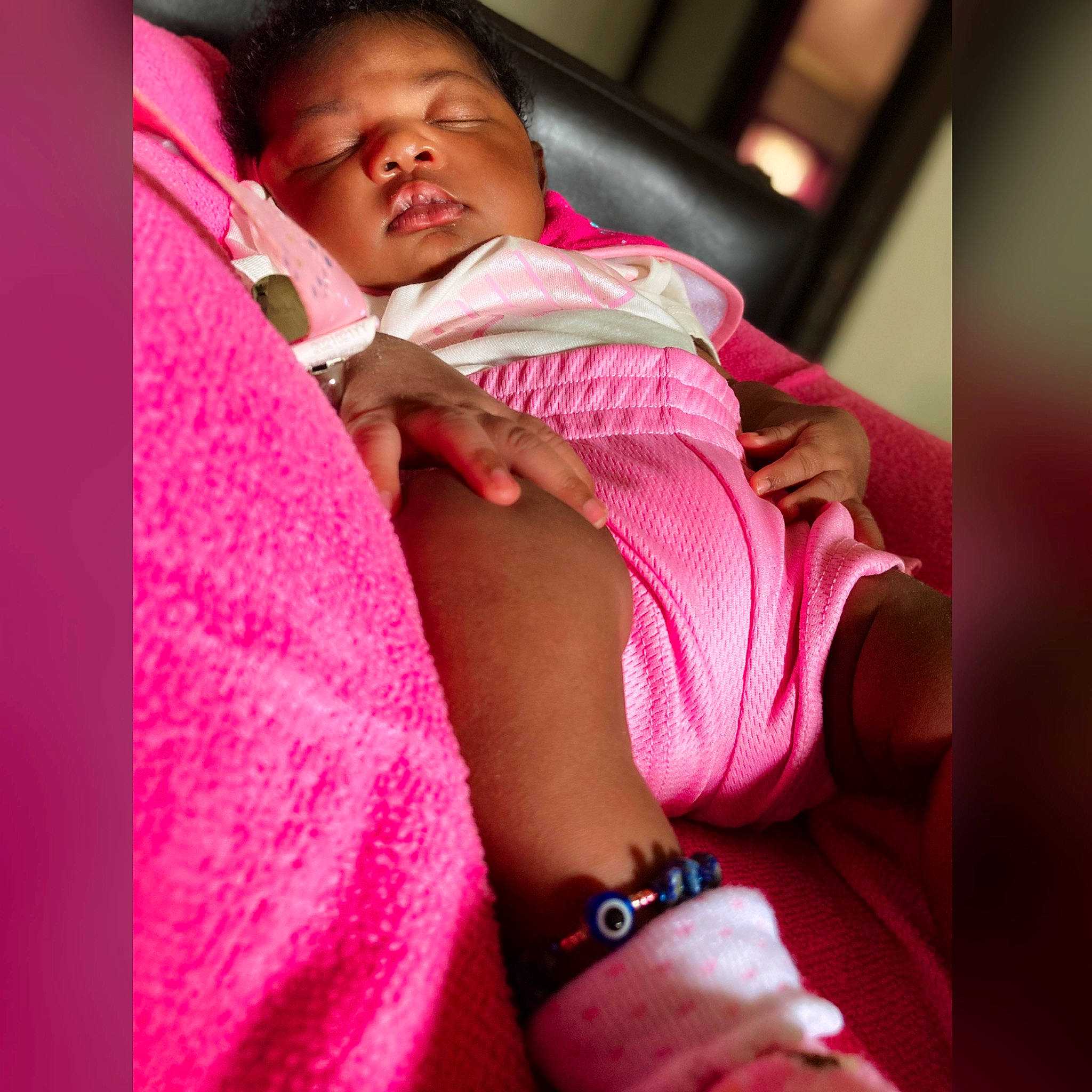 Kynlee joined the competition — help win amazing prizes! abdomen, baby, baby_sleeping, baby_toddler_clothing, black_hair, chest, comfort, elbow, happy, human_leg, jewellery, knee, linens, magenta, nail, person, pink, sock, thigh, thumb
