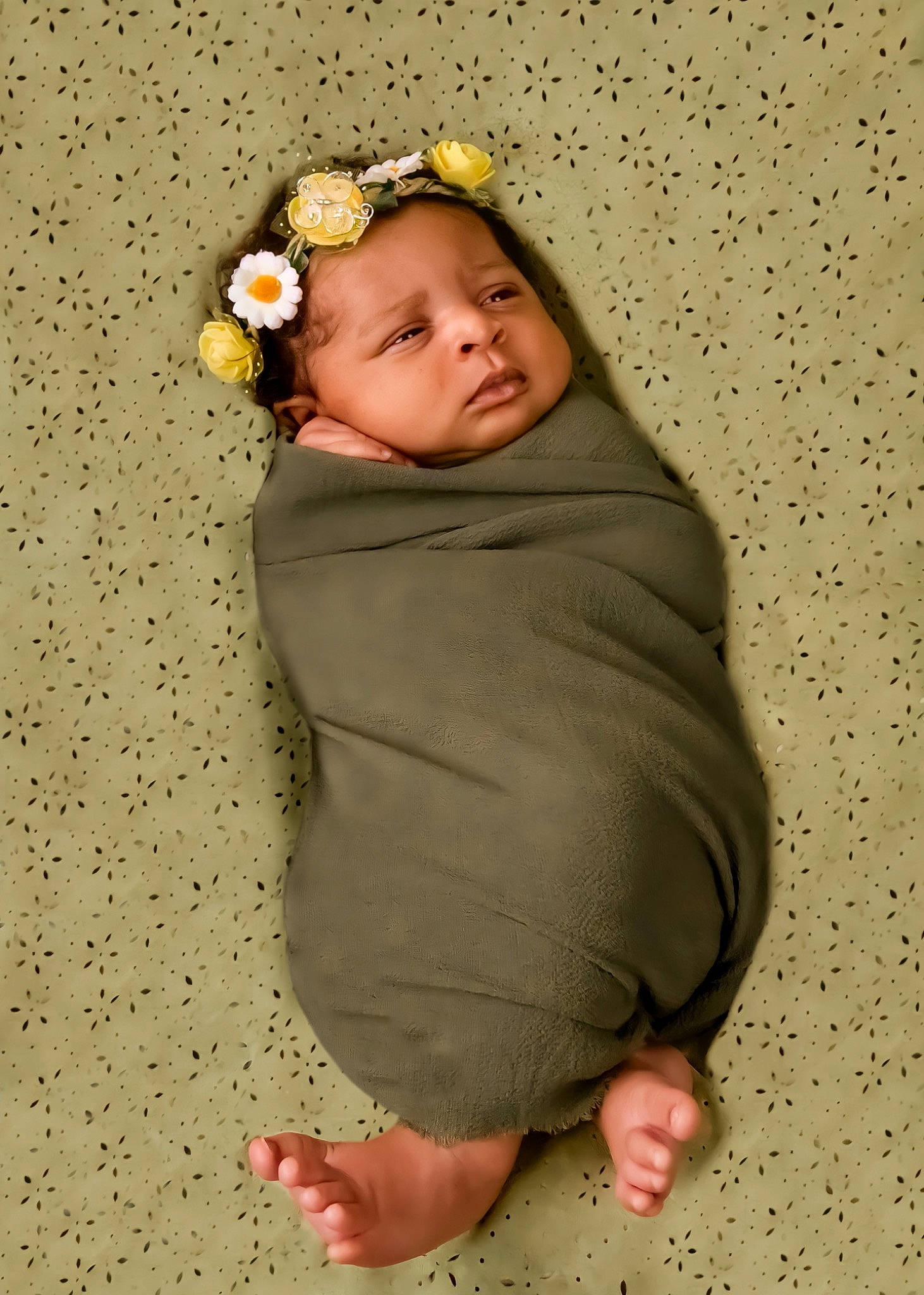 Aliah is registered to the contest to win money with this photo: arm, baby, baby_toddler_clothing, eye, face, flash_photography, flower, hair, happy, head, headband, human_body, iris, leg, neck, person, skin, sleeve, textile, toddler