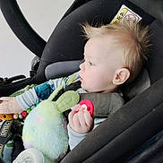 Adam joined the competition — help win amazing prizes! baby, child, car_seat, plush_toy, pacifier, bottle, spiky_hair, infant, seatbelt, candid, side_profile, indoor, cute, young_child, comfort, toy, clothing, person, portrait, baby_bottle