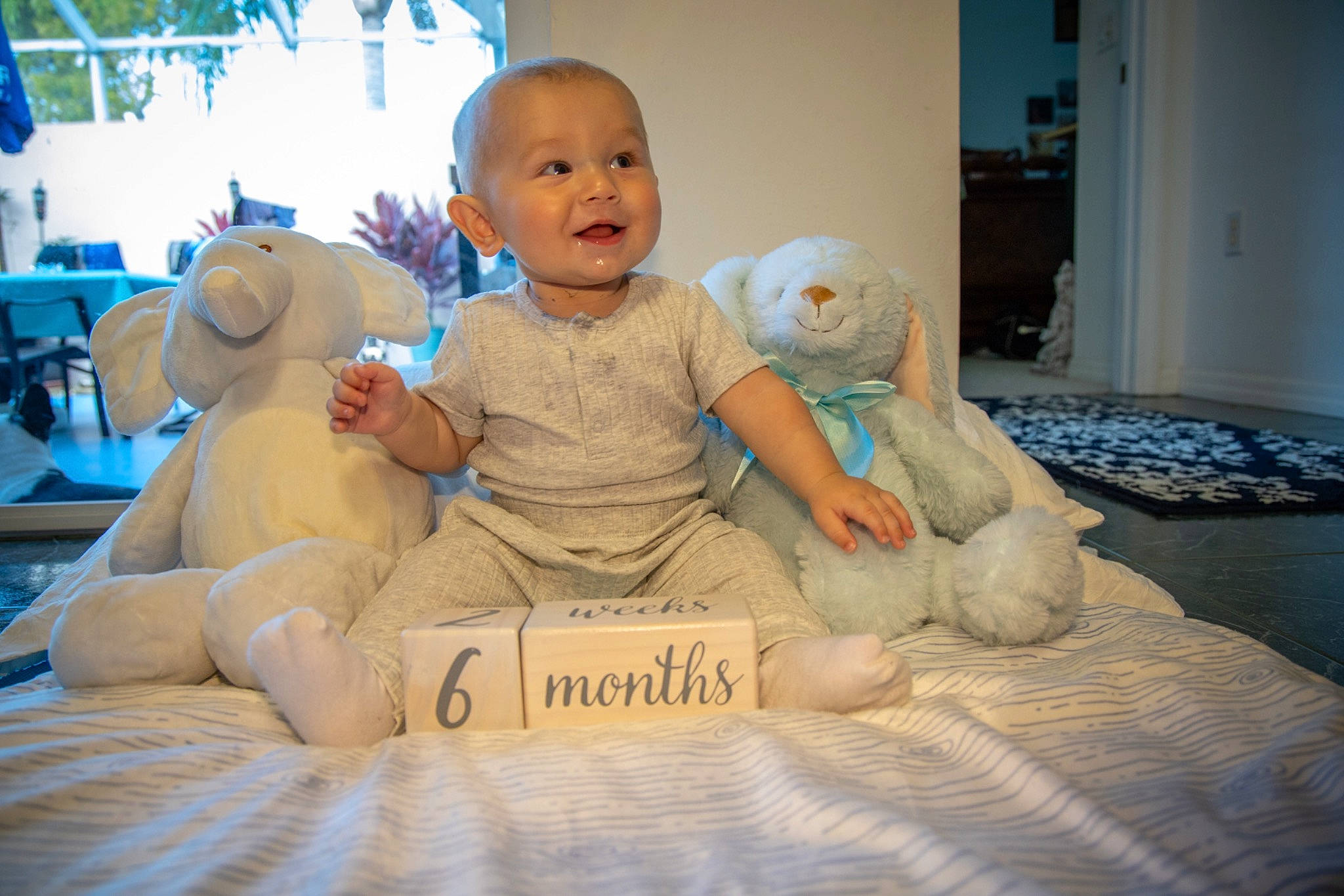 Arion is registered to the contest to win money with this photo: art, baby, blue, child, comfort, fun, happy, linens, mammal, person, room, sitting, skin, smile, stuffed_toy, teddy_bear, textile, toddler, toy, vertebrate