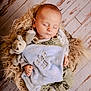 baby, sleeping, blanket, stuffed_animal, overalls, fur_cushion, wooden_floor, infant, peaceful, child, cute, soft_toy, cozy, portrait, resting, indoor, newborn, comfort, clothing, hands