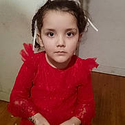 Maryam a rejoint le concours — aidez-le/la à gagner de superbes lots ! braids, child, cute, fashion, floor, girl, hands, indoor, lace, long_sleeves, person, portrait, red_dress, ribbons, serious, skin, standing, wall, wooden_floor, young_child