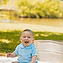Waylon is registered to the contest to win money with this photo: baby, child, smiling, outdoor, grass, blanket, clothing, blue_outfit, happy, cute, sitting, portrait, sunlight, nature, infant, face, young_child, daylight, playful, summer