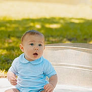 Waylon is registered to the contest to win money with this photo: baby, infant, child, blue_clothing, sitting, outdoor, grass, quilt, cute, portrait, person, daylight, nature, greenery, summer, expression, skin, face, head, barefoot