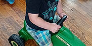 Olliemore joined the competition — help win amazing prizes! toddler, child, toy, tractor, indoor, wooden_floor, blue_eyes, shorts, sneakers, black_tshirt, plaid, person, floor, furniture, box, bag, curious, playing, young_child, home