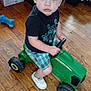 toddler, child, toy, tractor, indoor, wooden_floor, blue_eyes, shorts, sneakers, black_tshirt, plaid, person, floor, furniture, box, bag, curious, playing, young_child, home