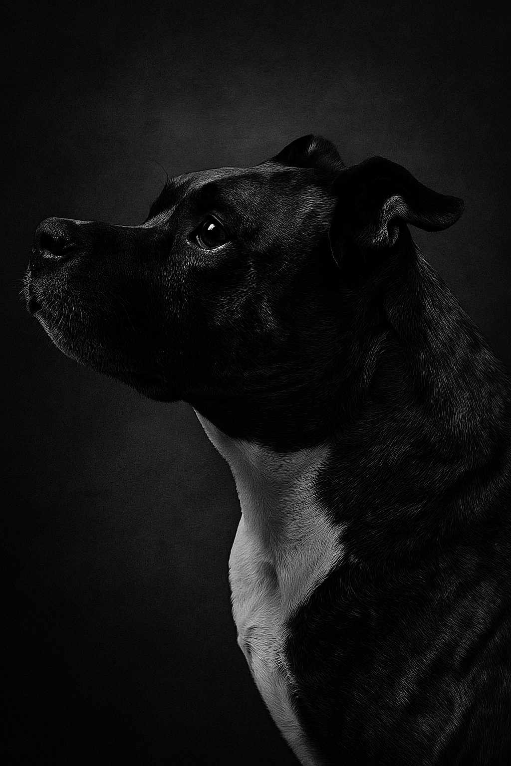 Iros a rejoint le concours — aidez-le/la à gagner de superbes lots ! animal, black_and_white, canine, close_up, dark_background, dog, domestic_animal, ears, expression, fur, looking_away, mammal, monochrome, pet, portrait, side_profile, snout, studio_light, texture, whiskers