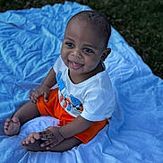Kyier joined the competition — help win amazing prizes! baby, child, smiling, sitting, outdoor, blanket, white_shirt, orange_shorts, grass, happy, cute, portrait, infant, young_child, barefoot, daylight, playful, casual_clothing, skin, head