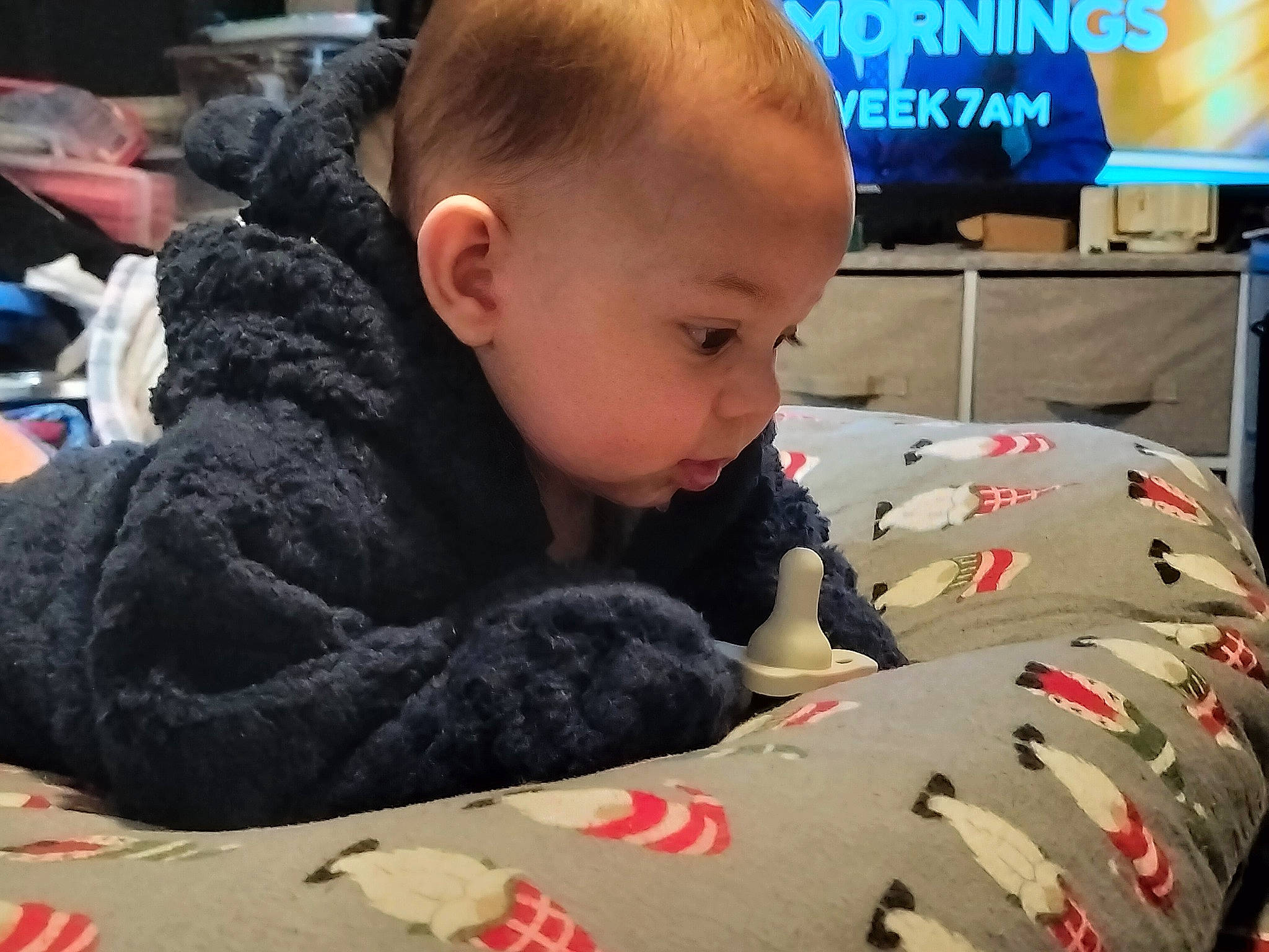 Oliver is registered to the contest to win money with this photo: baby, carmine, child, comfort, display_device, flooring, fun, fur, linens, mammal, pattern, person, play, room, sitting, television, toddler