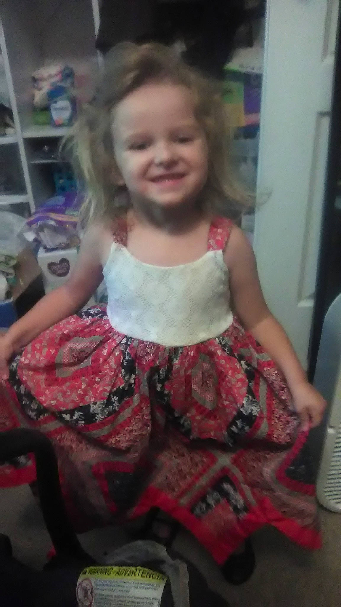 Cora joined the competition — help win amazing prizes! cheek, child, child_model, dress, fun, joy, pattern, person, pink, sitting, smile, textile, toddler