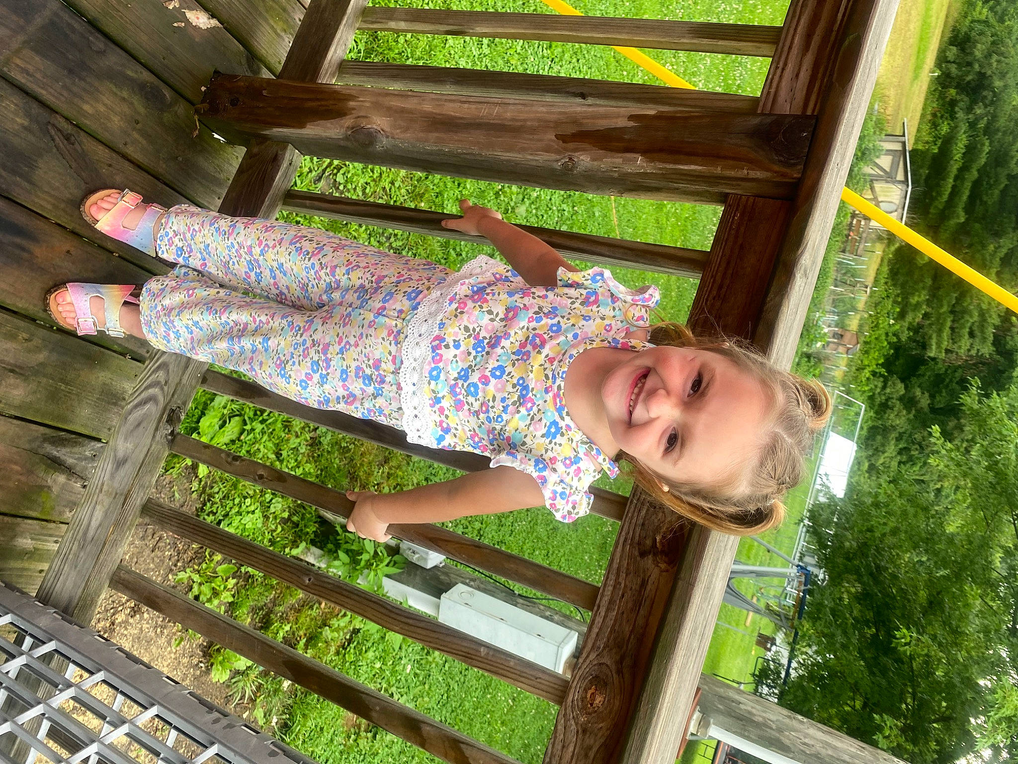 Heather joined the competition — help win amazing prizes! baby_toddler_clothing, child, fun, grass, handrail, happy, human_leg, joy, leisure, pattern, people_in_nature, person, plant, smile, t_shirt, thigh, toddler, tree, wood