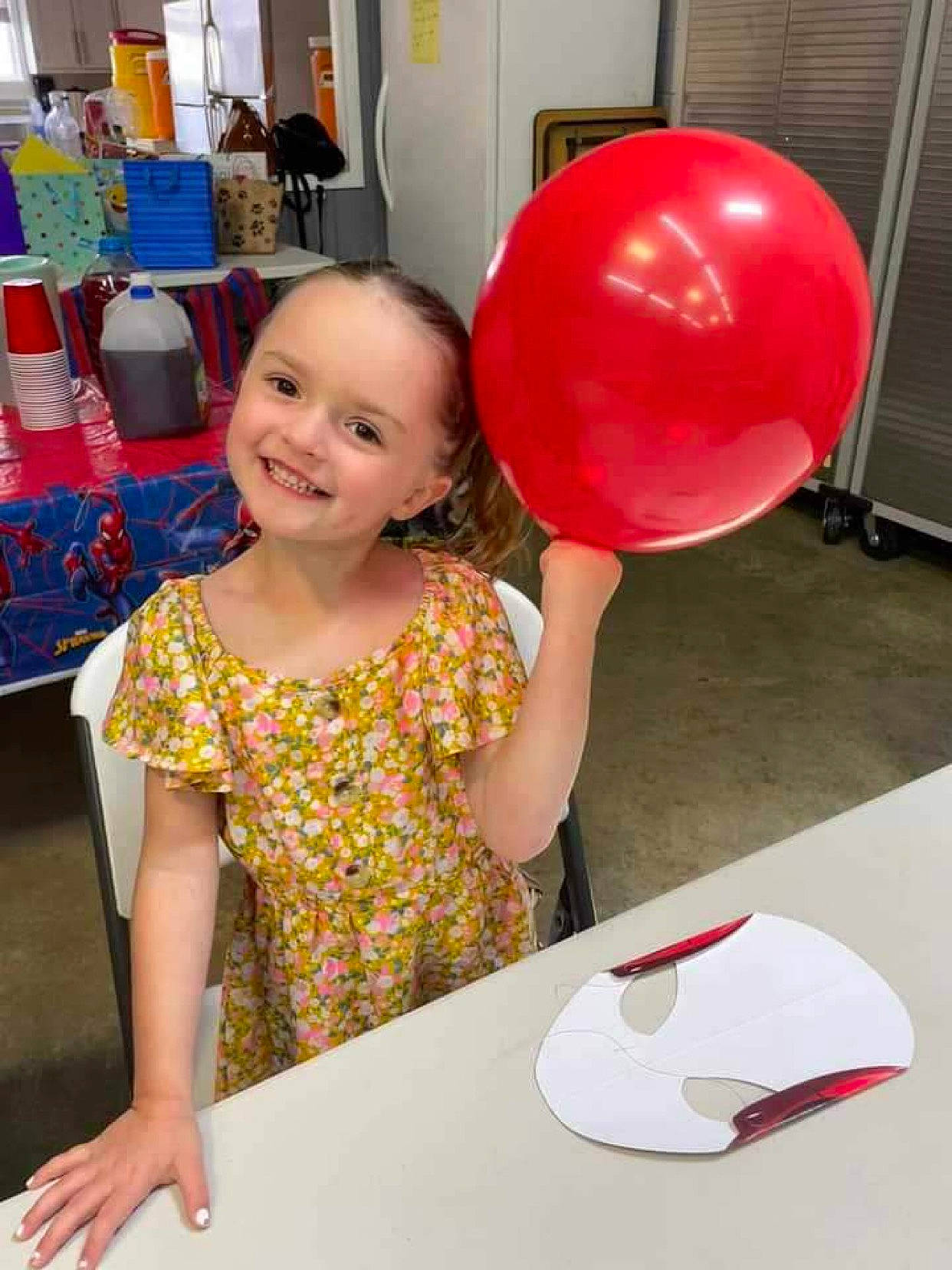 Heather joined the competition — help win amazing prizes! balloon, chair, child, dress, event, facial_expression, fun, happy, head, joy, magenta, party, party_supply, person, pink, play, red, room, smile, t_shirt