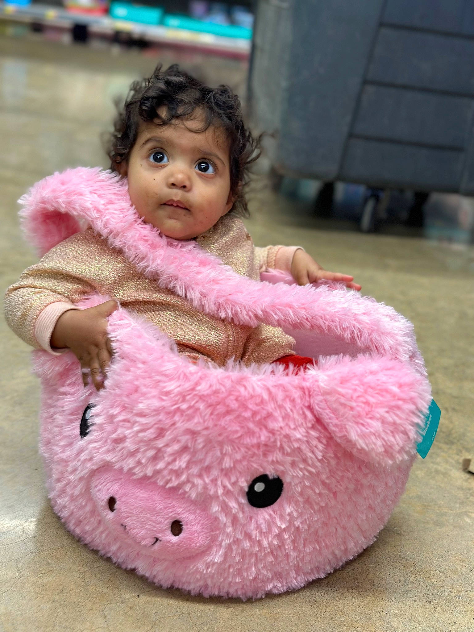 Evie is registered to the contest to win money with this photo: art, baby, baby_toddler_clothing, baby_toys, cheek, child, eyelash, fashion_accessory, fawn, fur, lip, magenta, nose, pattern, person, pink, skin, stuffed_toy, toddler, toy