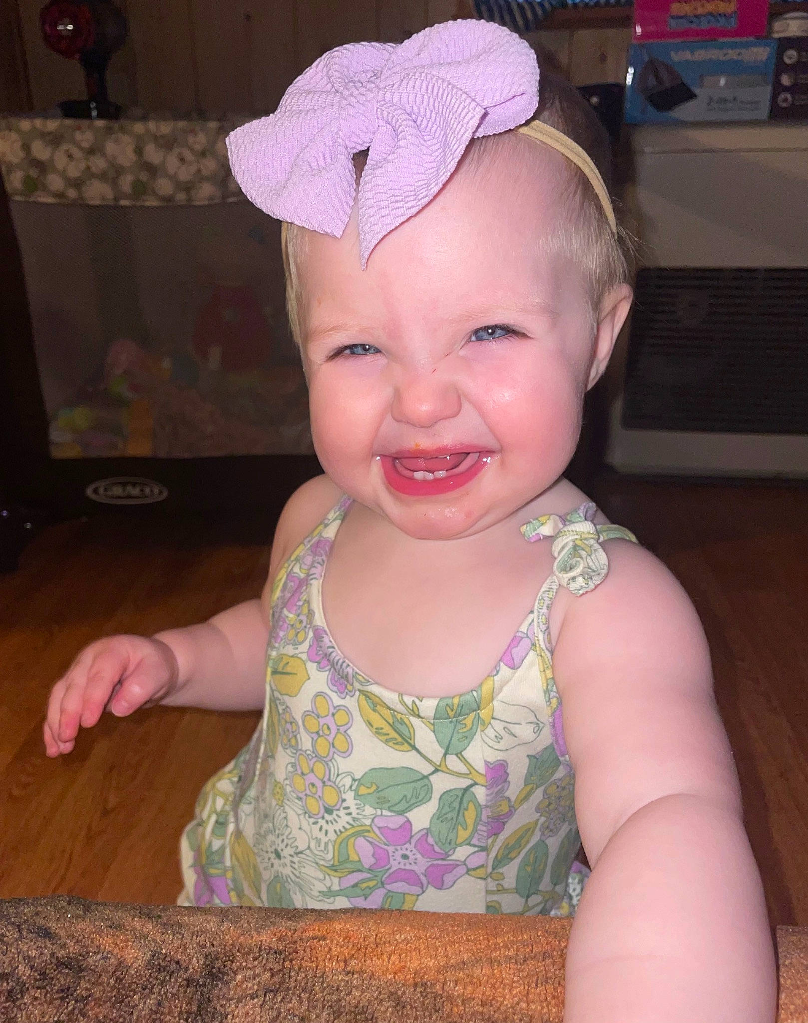 Emmalyn is registered to the contest to win money with this photo: baby, baby_toddler_clothing, cap, cheek, child, chin, costume_hat, eye, fashion_accessory, fun, hair_accessory, happy, headband, headpiece, iris, magenta, person, pink, skin, smile