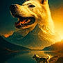 Sheyko participe au concours pour gagner de l'argent avec cette photo : animal, dog, glowing, grass, guardian, lake, landscape, majestic, mountains, mystical, nature, outdoor, reflection, scenery, serene, sky, sunset, superimposed, walking, water