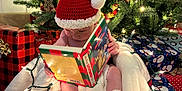 David joined the competition — help win amazing prizes! baby, christmas_tree, christmas_lights, christmas_gift, holiday, festive, knitwear, santa_hat, blanket, book, indoors, present, decorations, red, white, cozy, child, cute, holiday_season, warm_light