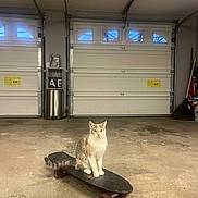 Gaia joined the competition — help win amazing prizes! animal, cat, concrete_floor, cute, domestic_cat, feline, floor, garage, garage_door, household, indoor, pet, quiet, rake, resting, sitting, skateboard, still_life, tool, trash_can