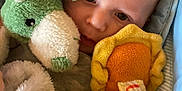 Grady is registered to the contest to win money with this photo: baby, infant, plush_toy, blanket, blue_cushion, striped_blanket, yellow_edge, soft_texture, cute, child, toddler, indoor, closeup, face, head, comfort, resting, sleepy, warm, snuggly