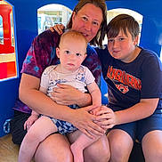 Grady is registered to the contest to win money with this photo: auburn_tshirt, baby, blue_interior, candid, casual_clothing, child, eyes, face, family, holding_hands, indoor, legs, play_structure, portrait, sitting, teenager, toddler, tshirt, woman, wooden_ceiling