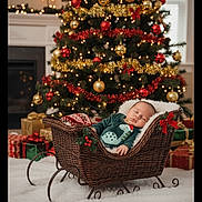 Emanuel is registered to the contest to win money with this photo: baby, sleeping, wicker_sleigh, christmas_tree, ornaments, gifts, holiday, indoor, decorations, festive, red_bow, blanket, cozy, infant, holiday_lighting, pine_tree, celebration, cute, relaxing, festive_clothing