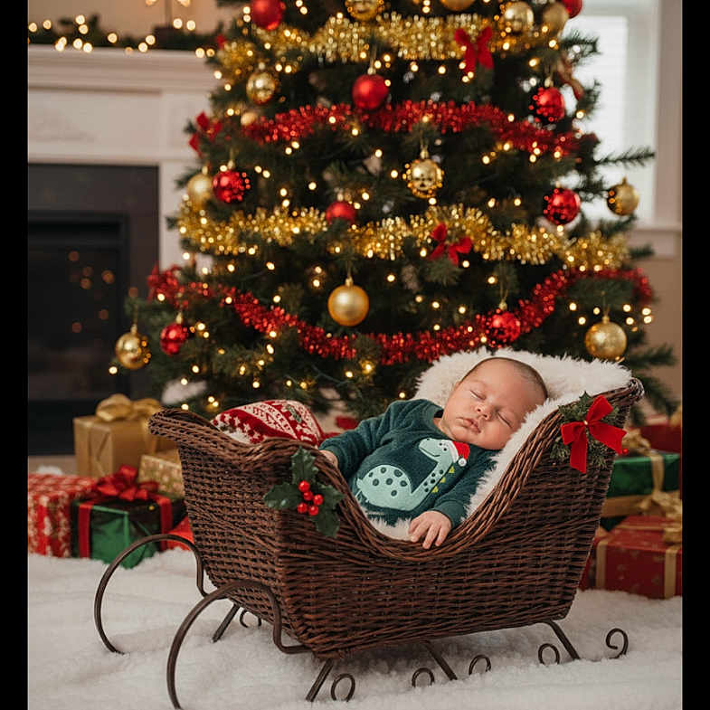 Emanuel is registered to the contest to win money with this photo: baby, blanket, celebration, christmas_tree, cozy, cute, decorations, festive, festive_clothing, gifts, holiday, holiday_lighting, indoor, infant, ornaments, pine_tree, red_bow, relaxing, sleeping, wicker_sleigh