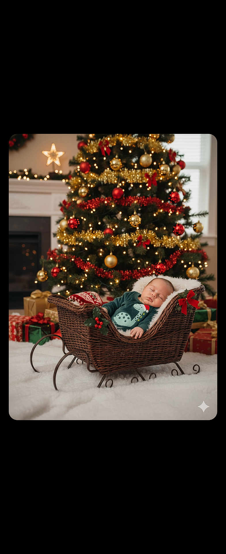 Emanuel is registered to the contest to win money with this photo: baby, sleeping, wicker_sleigh, christmas_tree, ornaments, gifts, holiday, indoor, decorations, festive, red_bow, blanket, cozy, infant, holiday_lighting, pine_tree, celebration, cute, relaxing, festive_clothing